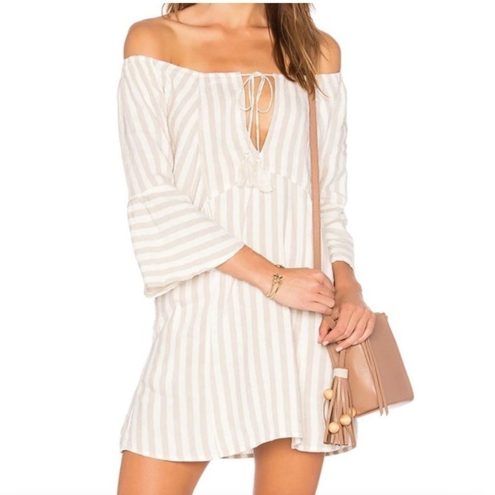 Free People Womens Folk Town Mini linen Dress M tan striped - Picture 2 of 3